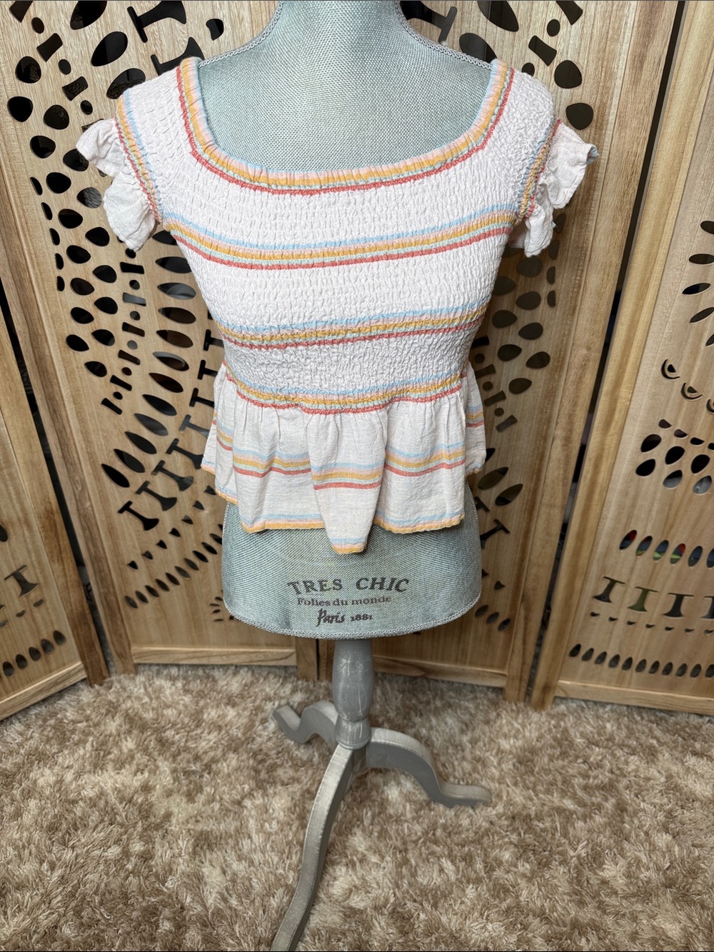 American Eagle Outfitters White Smocked Crop Top with Pastel Stripes